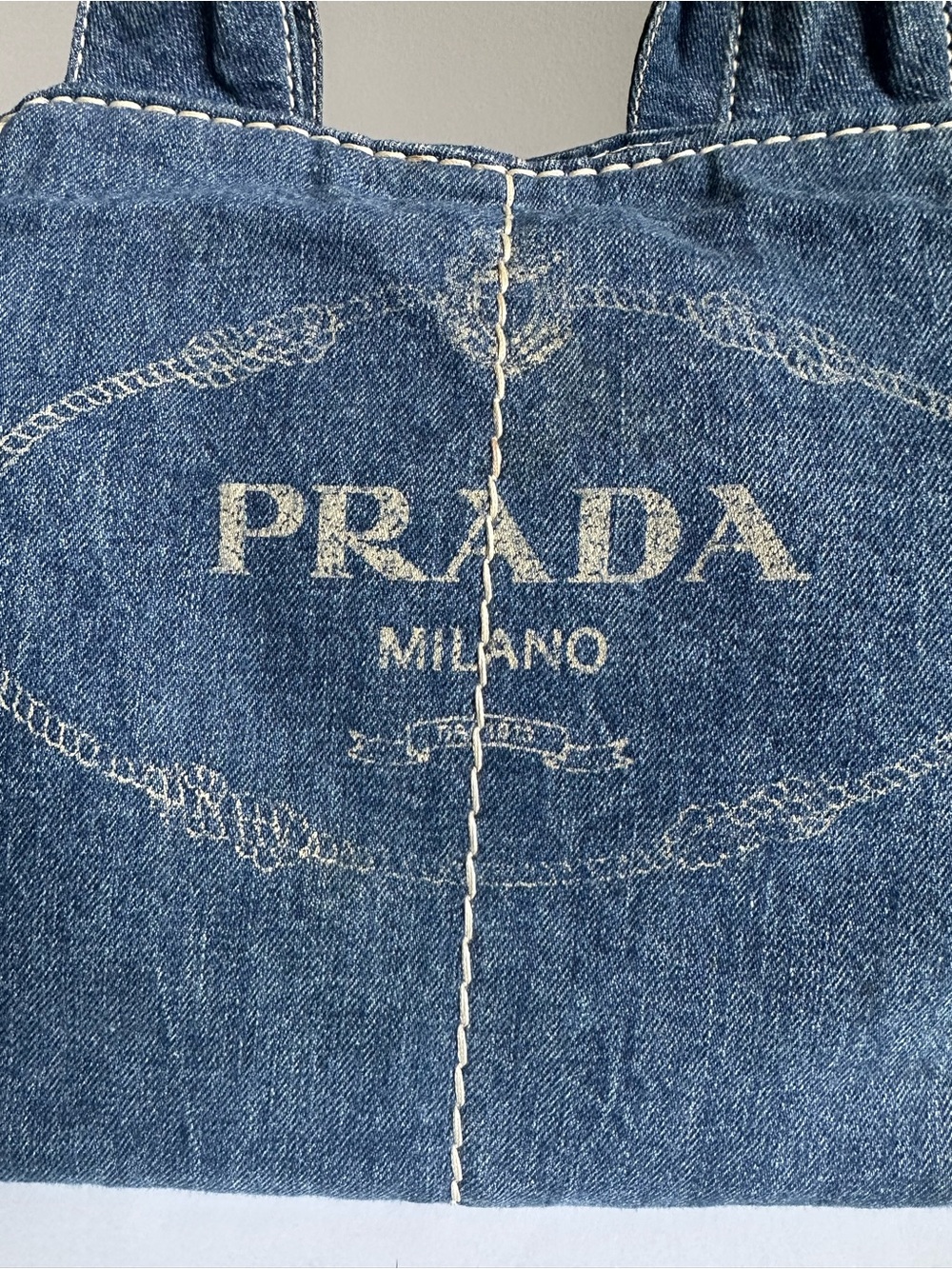 Authentic Prada Canapa Large GM Denim Travel Tote Weekender Bag Blue Italy - Picture 7 of 16